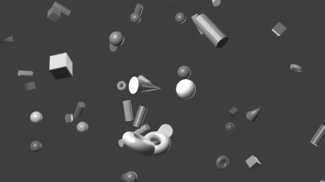 Floating geometric 3d shapes and objects animation on gray abstract background