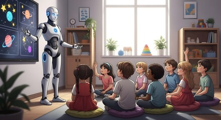 AI Robot Teacher Engaging Children in a Space-Themed Lesson, Presenting Planets and Stars on a Smartboard in a Bright Classroom, Promoting Future Tech Education and STEM Learning.