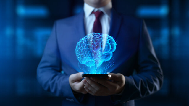 Businessman Holding Smartphone Phone with Human Brain Hologram - Futuristic Concept of Intelligence, science and mind