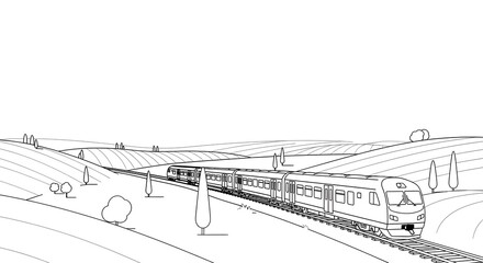 Obraz premium Modern passenger train journeying through a serene rural landscape with rolling hills and scattered trees, depicted in a clean, minimalist line art illustration.