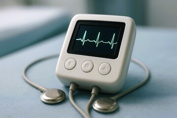 Close-up of a portable heart monitor showing ECG waveforms on the screen, symbolizing medical technology, patient care, and health diagnostics.