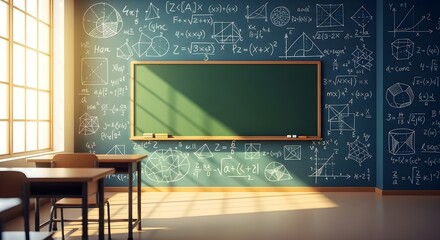An empty classroom with a blackboard covered in mathematical formulas and equations, illuminated by sunlight, representing education and learning.