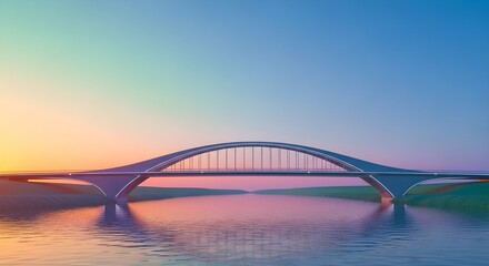 Obraz premium Futuristic bridge spans tranquil waters under a colorful sunset, embodying innovation and connectivity with an arching design and serene reflection, ideal for architectural visualizations.