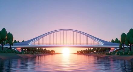 Naklejka premium Modern futuristic bridge illuminated by sunset over calm water surrounded by stylized trees and landscape.