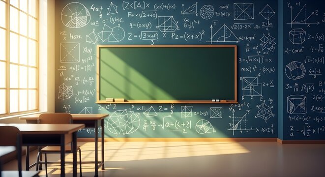 An empty classroom with a blackboard covered in mathematical formulas and equations, illuminated by sunlight, representing education and learning.