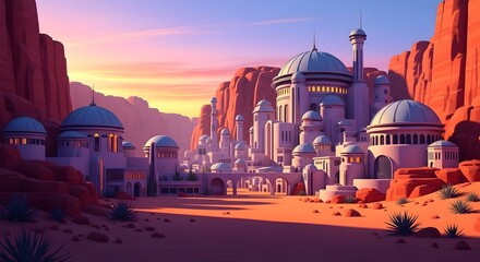 Majestic desert city with grand architecture, domes, and minarets bathed in the warm glow of a sunrise or sunset.