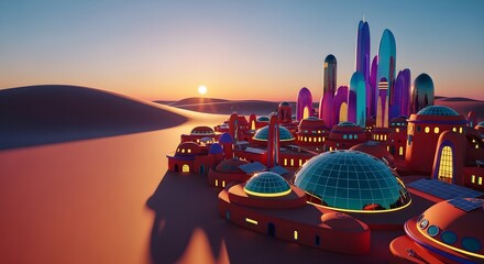 A vibrant futuristic city nestled in a desert landscape at sunset, evoking themes of innovation, sustainability, and forward-thinking urban design.