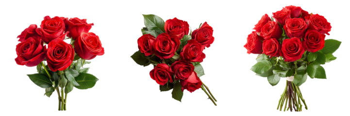 Set of Fresh red roses arranged in a clear glass bottle with blank label on transparent png background. Ai generated