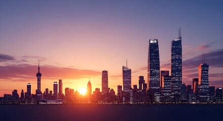 Spectacular modern city skyline at sunset with illuminated skyscrapers, creating a breathtaking urban landscape and reflecting global growth and opportunity.