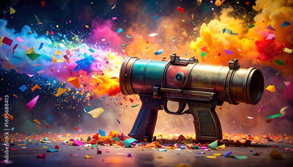 Poster a vibrant, colorful explosion of confetti bursts forth from a unique, ornate gun, illuminating the d