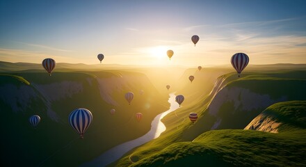 Scenic flight over a canyon at sunrise with many colorful hot air balloons soaring through the sky, creating a peaceful and adventurous atmosphere for travel and tourism.