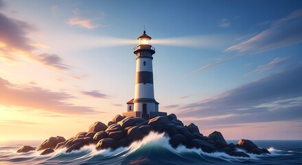 A majestic lighthouse stands tall on a rocky island, its beam cutting through the twilight sky over a turbulent ocean, guiding ships safely home.