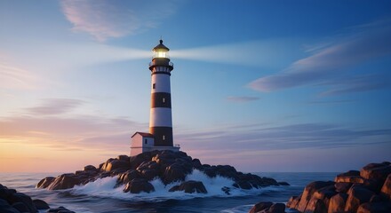 Majestic lighthouse beam cutting through the serene sky at sunset, standing tall on a rugged, wave-battered rocky coast, symbolizing guidance and hope.