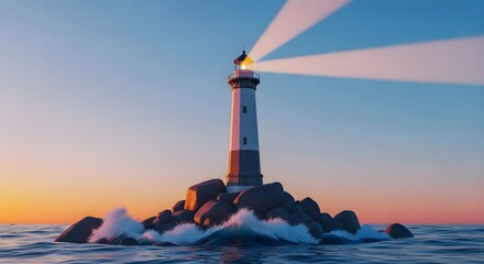 Lighthouse Beacon Shining Brightly on Rocky Coast at Sunset, Guiding Ships Through Stormy Seas; Hope, Guidance, and Resilience Concept