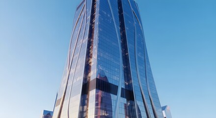 Modern architectural skyscraper with a curved glass facade against a clear blue sky, showcasing contemporary urban design and cityscapes.