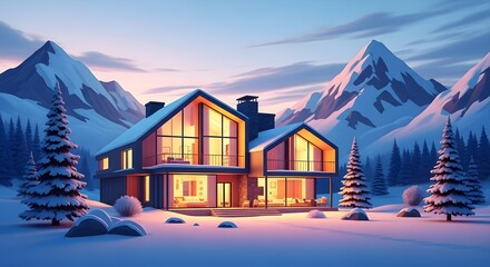 A modern A-frame house nestled in a serene, snow-covered mountain landscape at dusk, featuring warm interior lights and surrounding pine trees.