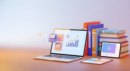 Modern online education concept featuring a laptop displaying a graph, a stack of colorful books, and tablets, ideal for digital learning and educational technology presentations.