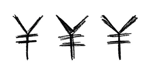 Set of hand drawn yen currency symbol. Brush stroke doodle. Single element for design