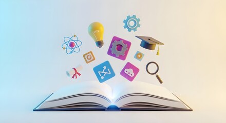Open book with 3D icons of education, science, and technology levitating above, illustrating the power of knowledge and innovation in a bright studio setting.