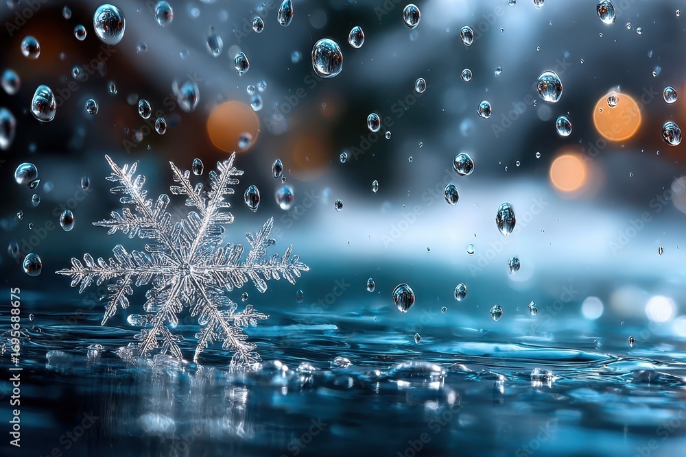 Poster Intricate Snowflake on Water with Droplets and Bokeh