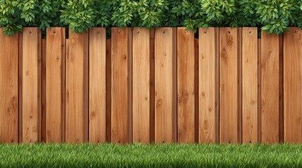 Fototapeta premium Rustic wooden fence with lush green grass and vibrant bushes, a serene countryside scene.