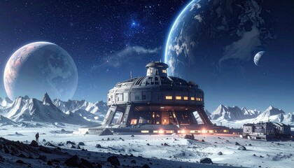 A futuristic lunar base stands amidst a breathtaking, snow-capped mountain range, illuminated by the distant glow of a blue Earth in a starry night sky.