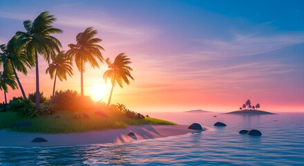 Serene Tropical Sunset: Idyllic Island Paradise with Lush Palm Trees and Tranquil Ocean at Golden Hour