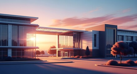 Modern glass office building architecture at sunset with warm sky and reflections, symbolizing growth and innovation.