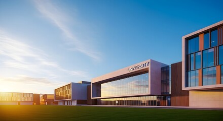 Modern university architecture, featuring a contemporary building design with glass facades, set against a vibrant blue sky, symbolizing education, innovation, and the future of learning.