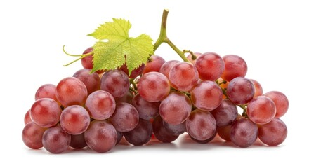 A cluster of fresh reddishpurple grapes attached to a stem with a vibrant green leaf isolated on a white surface