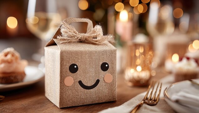Small, kraft paper gift box with a happy face