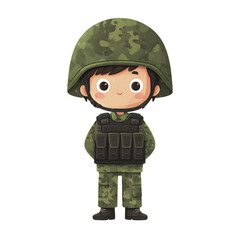 Adorable cartoon soldier in uniform, promoting bravery and service.