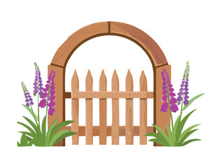 An elegant cartoon illustration of a wooden gate and fence with purple lupine flowers, invitingly open for a journey