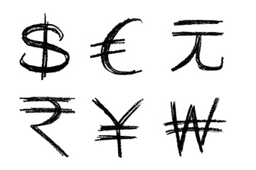Hand drawn multiple currencies symbol set Dollar euro yuan yen won rupee