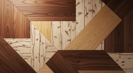 A geometric pattern of wood tiles in varying shades