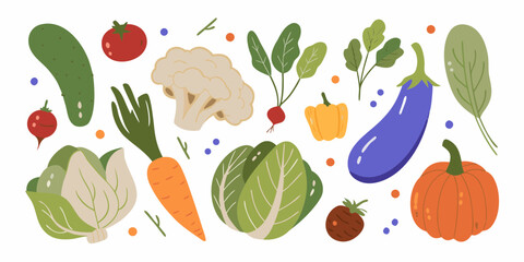 A vibrant collection of fresh vegetables and colorful dots arranged in a playful pattern on a white background