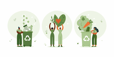 People practicing eco friendly habits like recycling glass and composting organic waste for a sustainable future