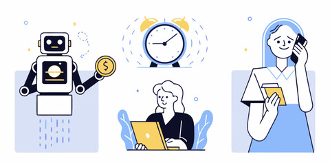 Robot with coin and people working and talking on phone with alarm clock symbolizing time and money