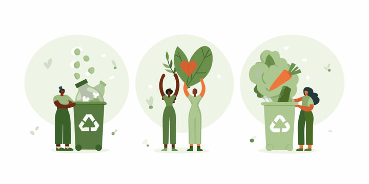 People practicing eco friendly habits like recycling glass and composting organic waste for a sustainable future