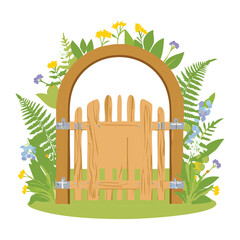 Rustic wooden gate surrounded by green ferns and colorful wildflowers in a sunny field