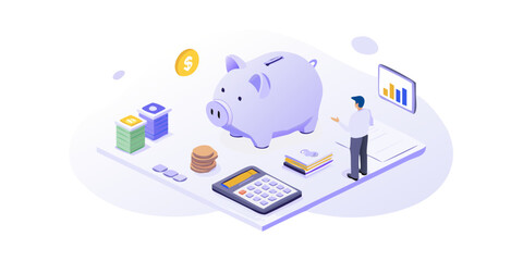 Isometric illustration of a piggy bank with coins calculator and financial charts representing savings and investment growth