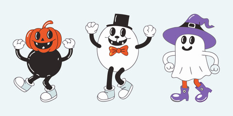 Three retro style cartoon halloween characters dancing together featuring a pumpkin ghost and a ghost in a witch hat