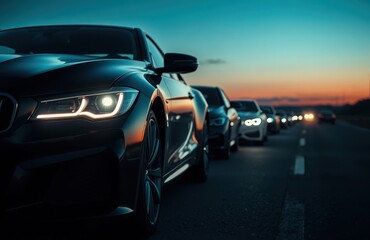A dramatic view of a line of cars on an empty road during twilight, showcasing modern automotive design.