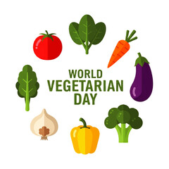 World Vegetarian Day graphic with vegetables including tomato, spinach, carrot, eggplant, broccoli, pepper, and garlic