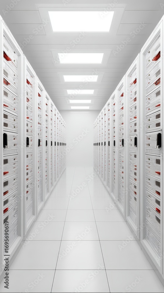 Poster highperformance data center with rows of white servers, powering the digital world.