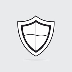 Minimalist black line art shield icon representing security, safety, and protection. Simple vector graphic emblem for web design and branding
