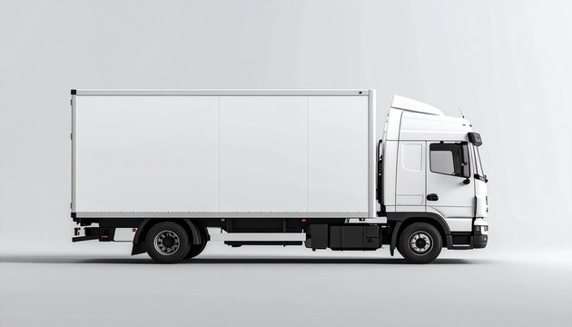 Box truck advertising mockup with white panel, isolated on plain background, template for branding, logistics, and commercial design.