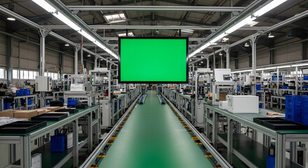 Naklejka premium Modern Factory Assembly Line with a Large Blank Green Screen for Monitoring