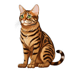 Bengal Longhair cat illustration cartoon style full body soft shading side view vibrant colors playful expression detailed fur patterns feline features artistic design