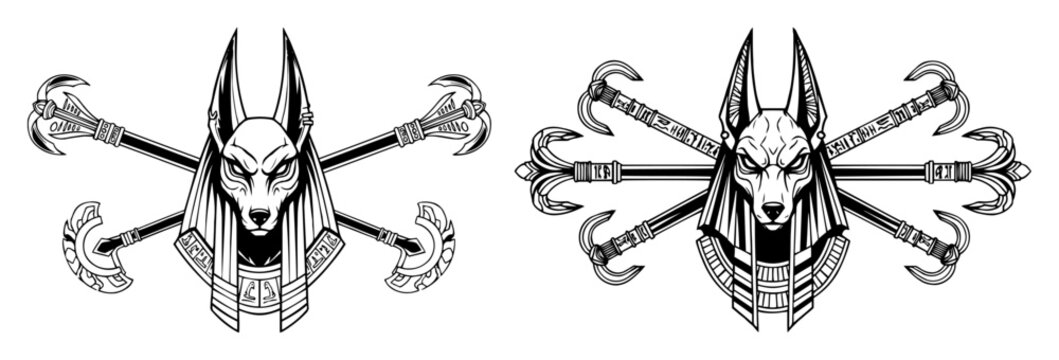 vector anubis head with crossed axes emblem